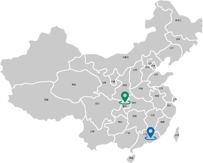 原料事业部分布地图：华中（重庆/湖北）与华南（广东）事业部